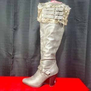 Fur top, tall heeled Boots with buckles